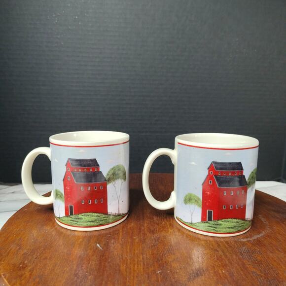 Set of 2 Vintage Warren Kimble 1998 Barns Mugs by Sakura Red Barn Blue Sky - Picture 4 of 9